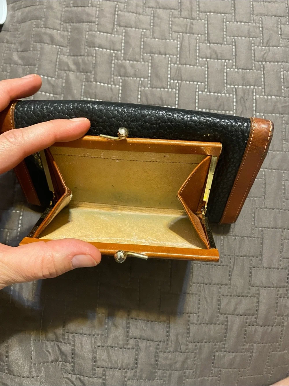 Dooney & Bourke Black/dark Navy Pebbled Leather Wallet with Brown Trim